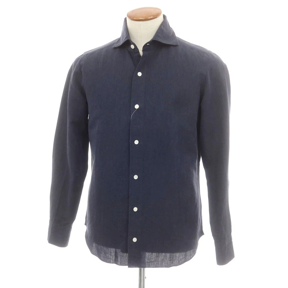 【中古】フィナモレ Finamore コットンリネン ホリゾンタルカラー カジュアルシャツ ネイビー【 39 】【 状態ランクC 】【 メンズ 】