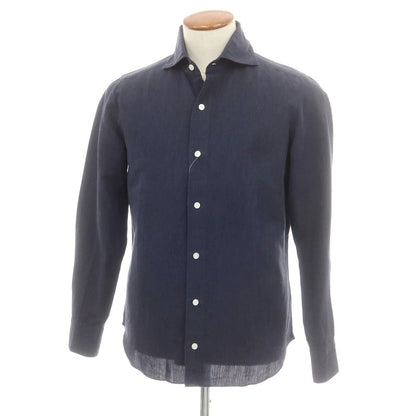 【中古】フィナモレ Finamore コットンリネン ホリゾンタルカラー カジュアルシャツ ネイビー【 39 】【 状態ランクC 】【 メンズ 】
