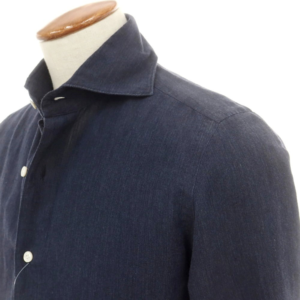 【中古】フィナモレ Finamore コットンリネン ホリゾンタルカラー カジュアルシャツ ネイビー【 39 】【 状態ランクC 】【 メンズ 】