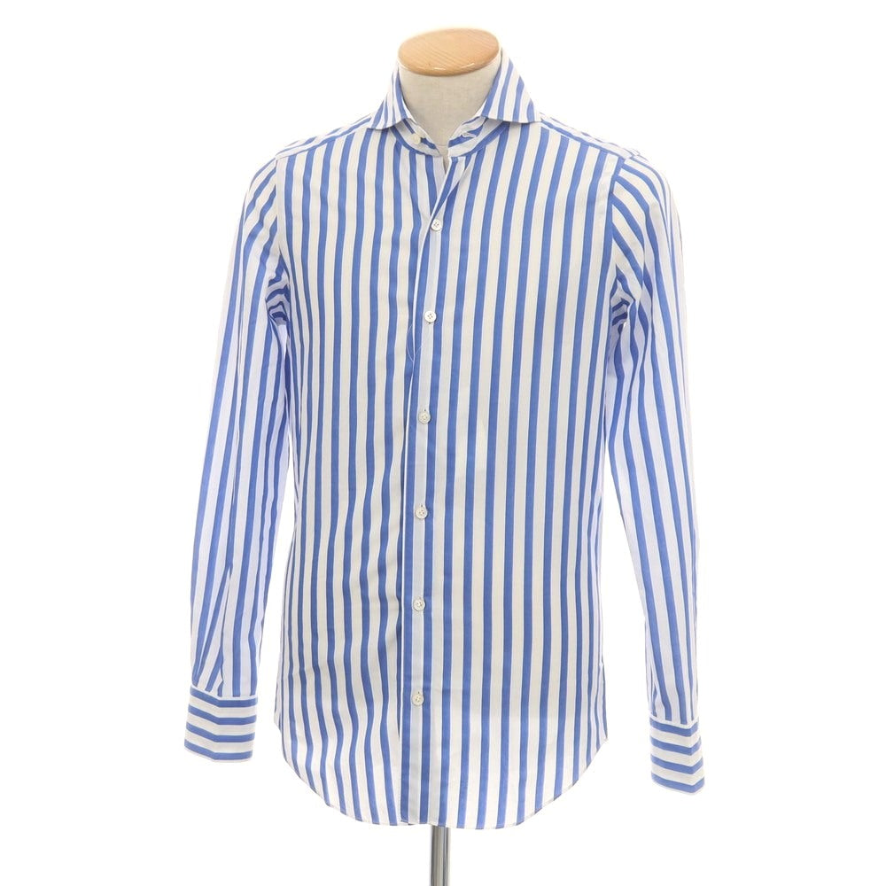 【中古】フィナモレ Finamore コットン ストライプ カッタウェイ カジュアルシャツ ホワイトxブルー【 37 】【 状態ランクC 】【 メンズ 】