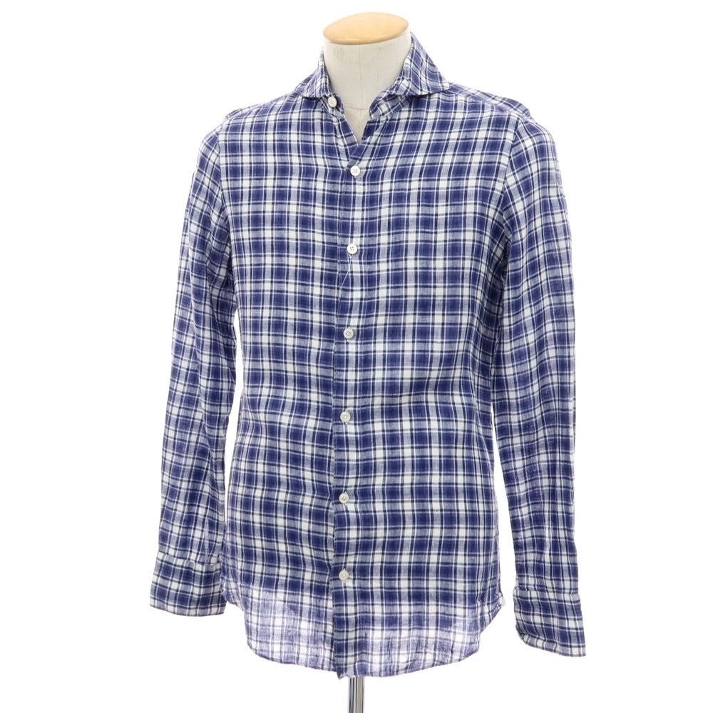【中古】フィナモレ Finamore リネン チェック カジュアルシャツ パープルネイビーxホワイト【サイズ37】【 状態ランクC 】【 メンズ 】