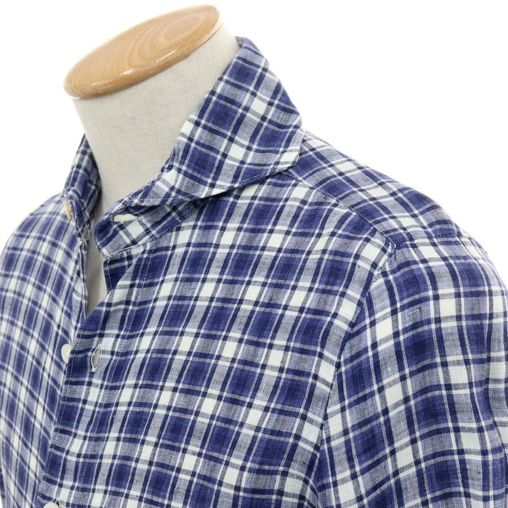 【中古】フィナモレ Finamore リネン チェック カジュアルシャツ パープルネイビーxホワイト【サイズ37】【 状態ランクC 】【 メンズ 】