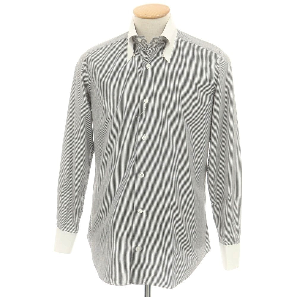 【中古】フライ FRAY コットン ストライプ 隠しボタンダウン クレリック ドレスシャツ ブラックxホワイト【 37 】【 状態ランクC 】【 メンズ 】
