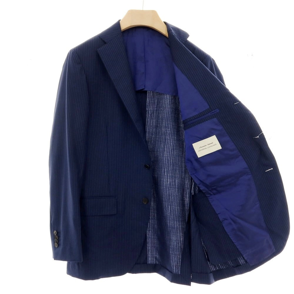 【中古】ユニバーサルランゲージ UNIVERSAL LANGUAGE ウール ストライプ 3つボタンスーツ ネイビーxブルー【サイズ48】【 状態ランクB 】【 メンズ 】