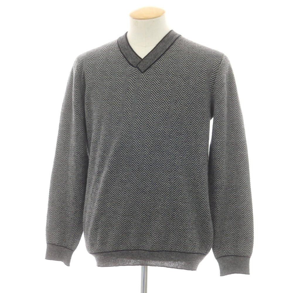 【中古】ジョルジオアルマーニ GIORGIO ARMANI カシミヤモヘヤ Vネックニット グレーxブラック【 46 】【 状態ランクC 】【 メンズ 】