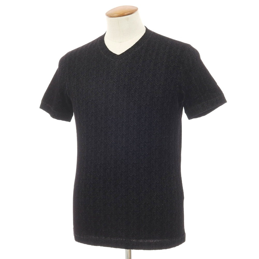 【中古】ジョルジオアルマーニ GIORGIO ARMANI レーヨンポリウレタン フロッキー加工 ヘリンボーン Vネック 半袖Ｔシャツ ブラックxグレー【サイズ48】【 状態ランクB 】【 メンズ 】