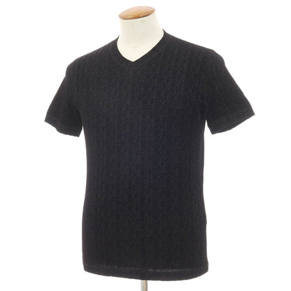 【中古】ジョルジオアルマーニ GIORGIO ARMANI レーヨンポリウレタン フロッキー加工 ヘリンボーン Vネック 半袖Ｔシャツ ブラックxグレー【サイズ48】【 状態ランクB 】【 メンズ 】