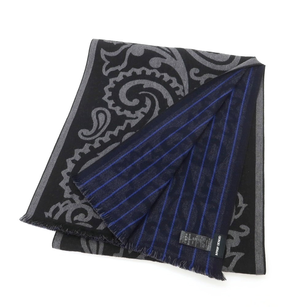 【中古】ジョルジオアルマーニ GIORGIO ARMANI リバーシブル ウールシルク マフラー ブラックxグレー【 状態ランクB 】【 メンズ 】
