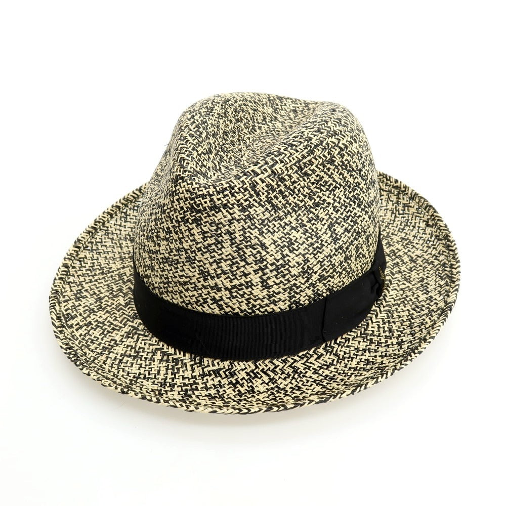 【中古】ボルサリーノ Borsalino ミドルブリム 中折れ ストローハット 帽子 ライトベージュxブラック【サイズ58】【 状態ランクB 】【 メンズ 】