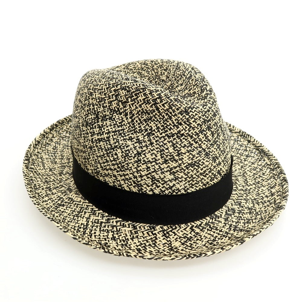 【中古】ボルサリーノ Borsalino ミドルブリム 中折れ ストローハット 帽子 ライトベージュxブラック【サイズ58】【 状態ランクB 】【 メンズ 】