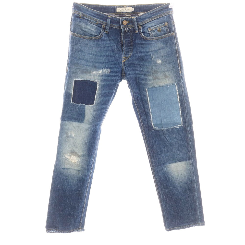【中古】シビリア SIVIGLIA クラッシュ＆リペア加工 ストレッチ コットン デニムパンツ ネイビーブルー【サイズ32】【 状態ランクC 】【 メンズ 】[CPD]