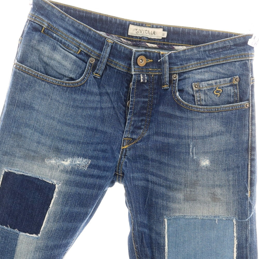 【中古】シビリア SIVIGLIA クラッシュ＆リペア加工 ストレッチ コットン デニムパンツ ネイビーブルー【サイズ32】【 状態ランクC 】【 メンズ 】[CPD]