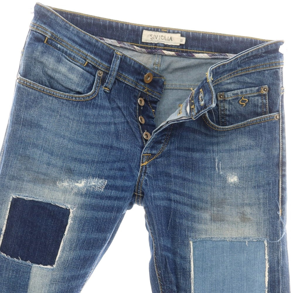 【中古】シビリア SIVIGLIA クラッシュ＆リペア加工 ストレッチ コットン デニムパンツ ネイビーブルー【サイズ32】【 状態ランクC 】【 メンズ 】[CPD]