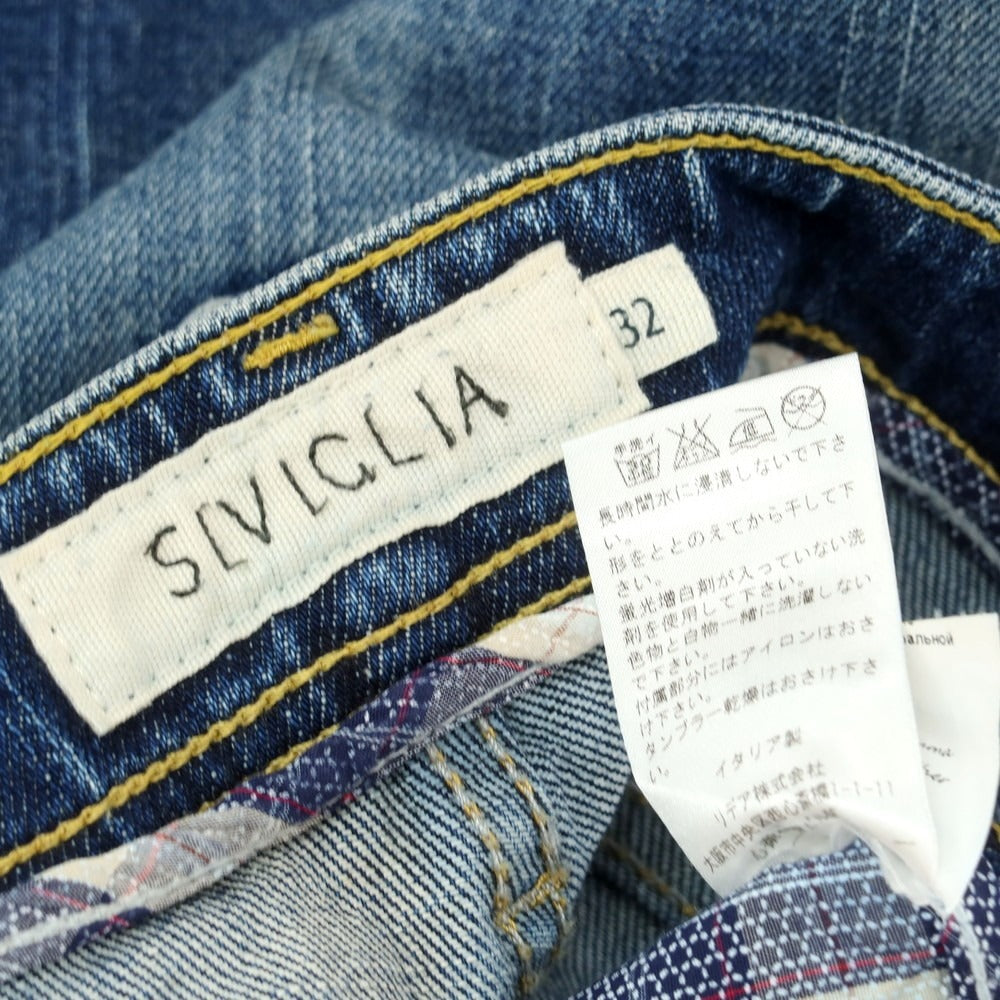 【中古】シビリア SIVIGLIA クラッシュ＆リペア加工 ストレッチ コットン デニムパンツ ネイビーブルー【サイズ32】【 状態ランクC 】【 メンズ 】[CPD]