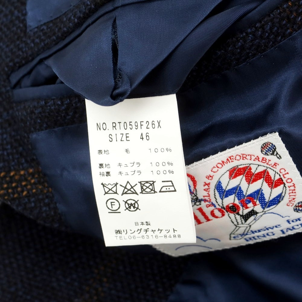 【中古】リングヂャケット RING JACKET NEW BALLOON ツイードウール チェック テーラードジャケット ネイビーxオレンジブラウン【 46 】【 状態ランクA 】【 メンズ 】