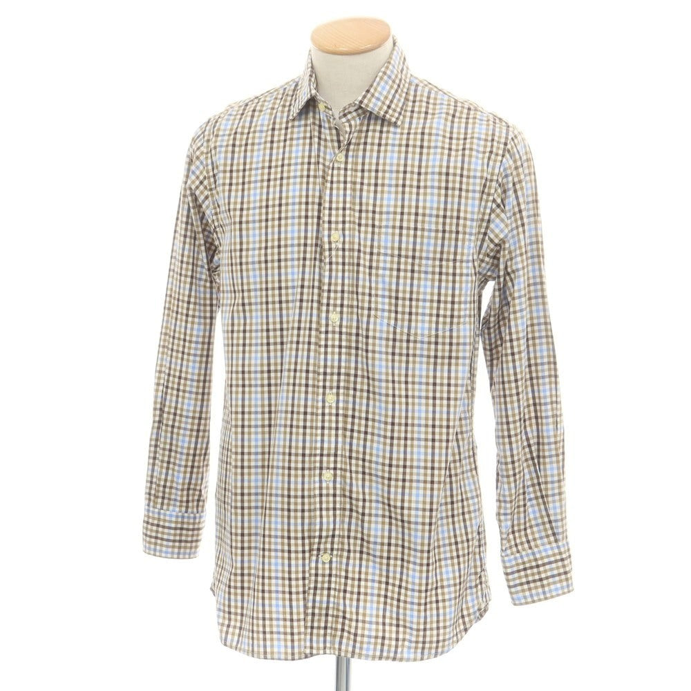 【中古】ハケットロンドン HACKETT LONDON コットン チェック セミワイドカラー カジュアルシャツ ダークベージュxライトブルー【サイズS】【 状態ランクA 】【 メンズ 】[CPD]
