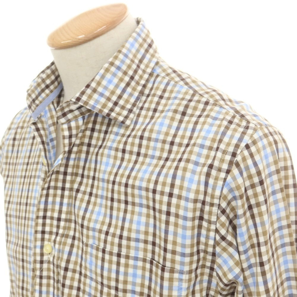 【中古】ハケットロンドン HACKETT LONDON コットン チェック セミワイドカラー カジュアルシャツ ダークベージュxライトブルー【サイズS】【 状態ランクA 】【 メンズ 】[CPD]
