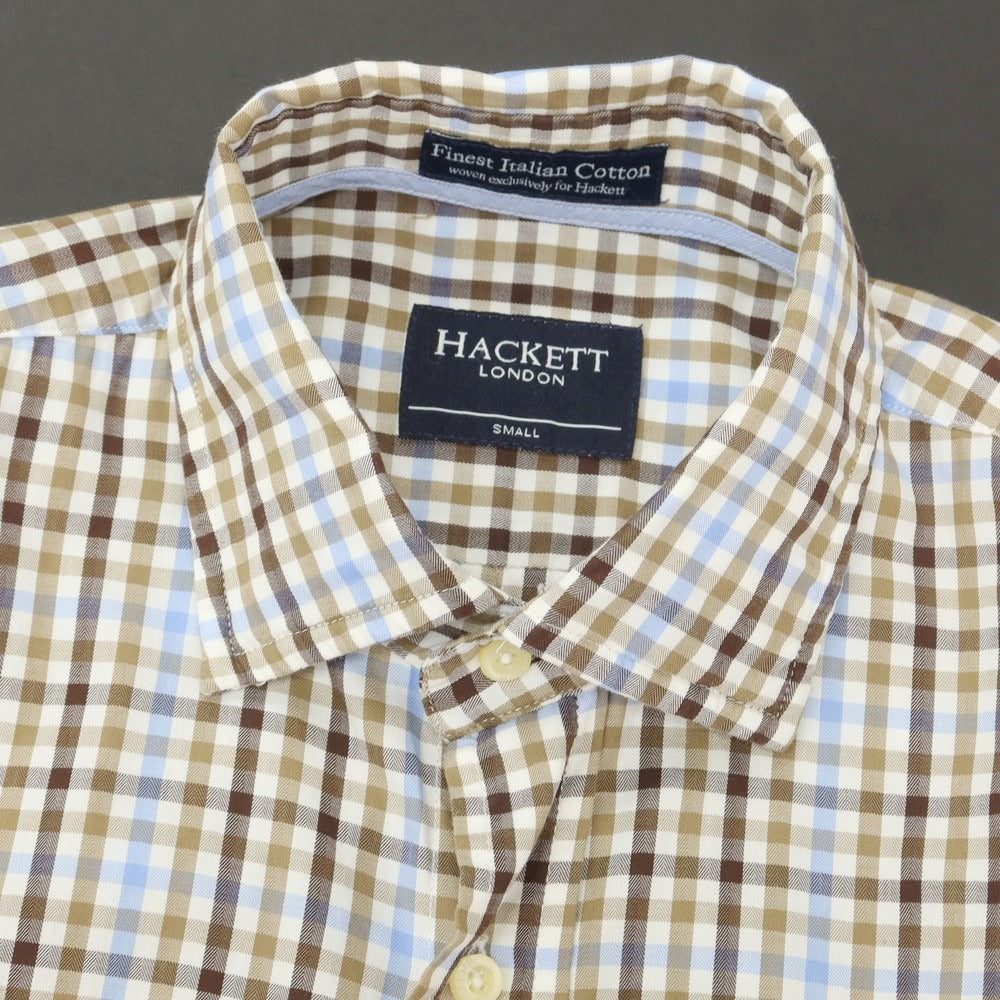 【中古】ハケットロンドン HACKETT LONDON コットン チェック セミワイドカラー カジュアルシャツ ダークベージュxライトブルー【サイズS】【 状態ランクA 】【 メンズ 】[CPD]