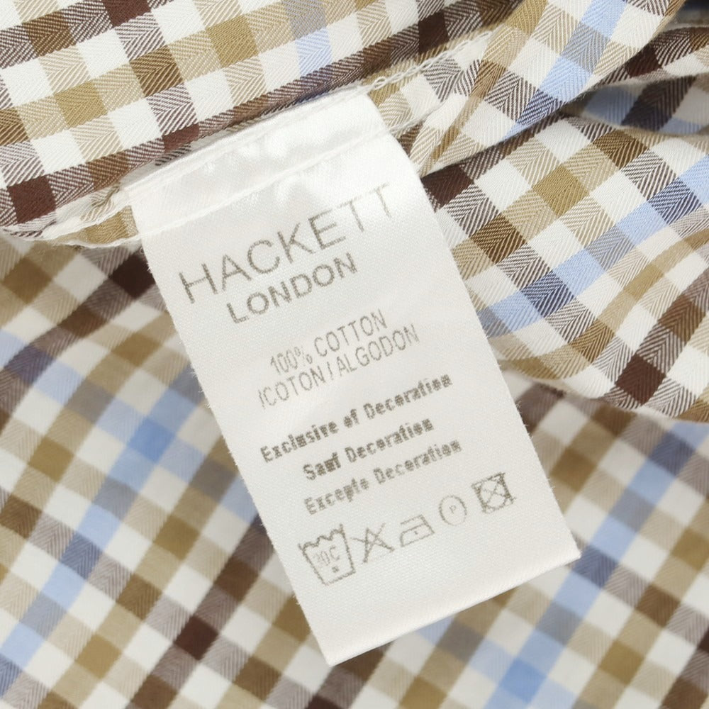 【中古】ハケットロンドン HACKETT LONDON コットン チェック セミワイドカラー カジュアルシャツ ダークベージュxライトブルー【サイズS】【 状態ランクA 】【 メンズ 】[CPD]