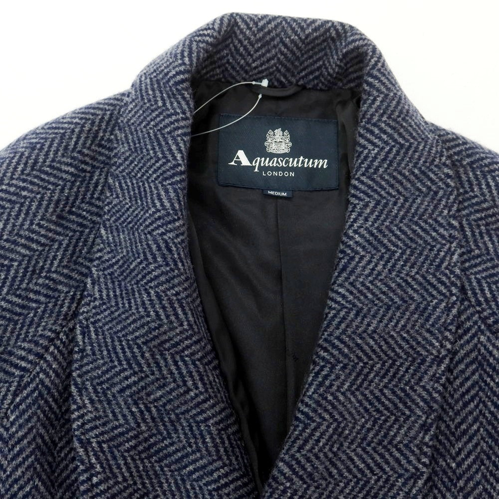【中古】アクアスキュータム Aquascutum ウールカシミヤ ヘリンボーン ショールカラー ガウンコート ネイビー系【 M 】【 状態ランクB 】【 メンズ 】