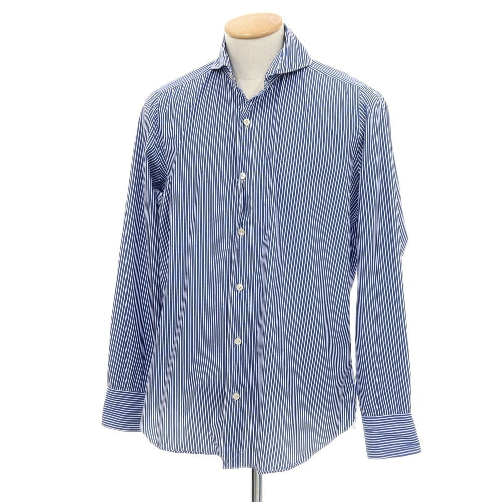 【中古】フィナモレ Finamore コットンポリエステルポリウレタン ストライプ カッタウェイ カジュアルシャツ ライトネイビーxホワイト【サイズ38】【 状態ランクB 】【 メンズ 】