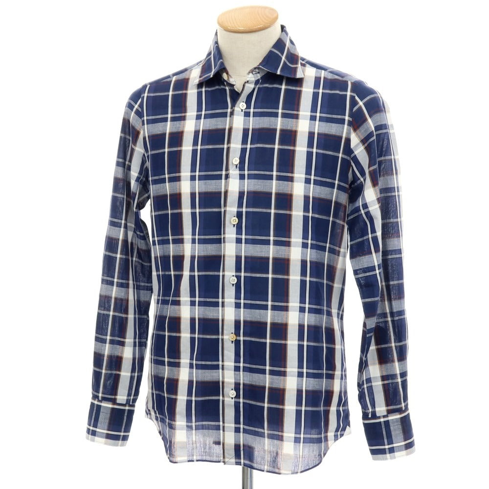 【中古】フィナモレ Finamore コットンリネン チェック セミワイドカラー カジュアルシャツ ネイビー【サイズS】【 状態ランクB 】【 メンズ 】