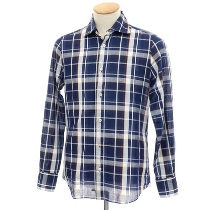 【中古】フィナモレ Finamore コットンリネン チェック セミワイドカラー カジュアルシャツ ネイビー【サイズS】【 状態ランクB 】【 メンズ 】