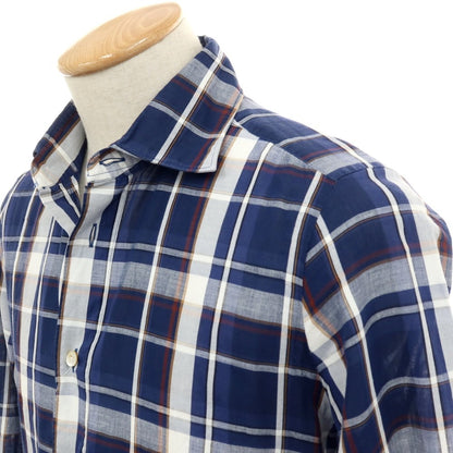 【中古】フィナモレ Finamore コットンリネン チェック セミワイドカラー カジュアルシャツ ネイビー【サイズS】【 状態ランクB 】【 メンズ 】