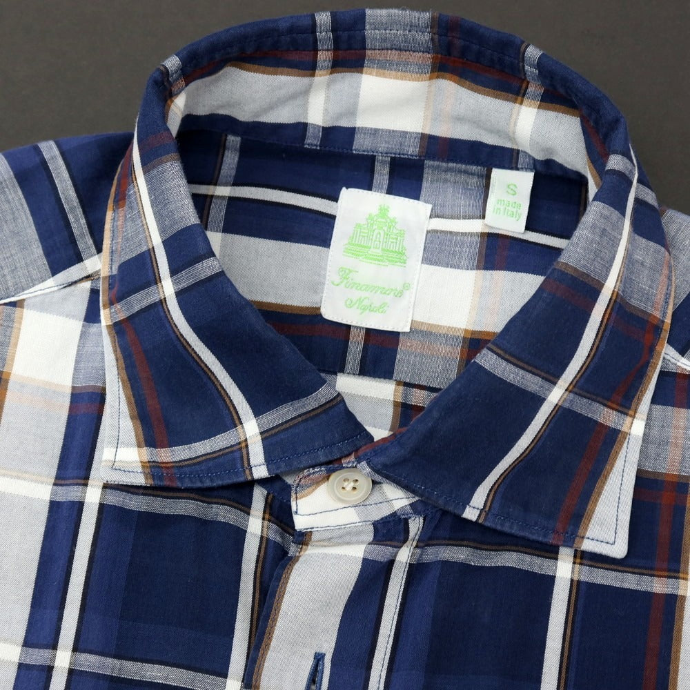 【中古】フィナモレ Finamore コットンリネン チェック セミワイドカラー カジュアルシャツ ネイビー【サイズS】【 状態ランクB 】【 メンズ 】