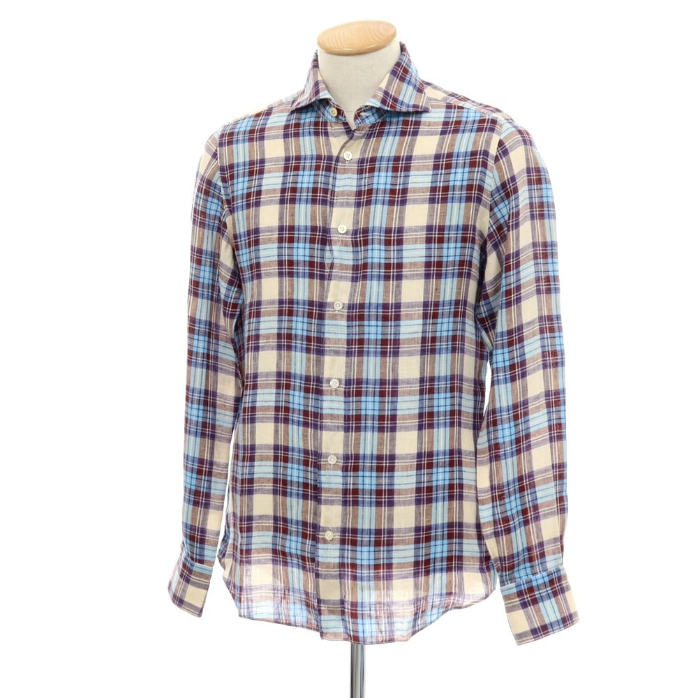 【中古】フィナモレ Finamore リネン チェック ホリゾンタルカラー カジュアルシャツ ベージュxブルー【サイズ38】【 状態ランクB 】【 メンズ 】