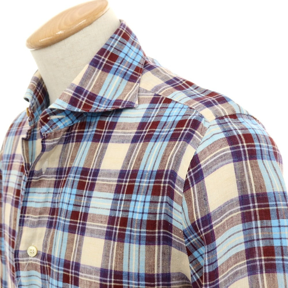 【中古】フィナモレ Finamore リネン チェック ホリゾンタルカラー カジュアルシャツ ベージュxブルー【サイズ38】【 状態ランクB 】【 メンズ 】