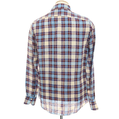 【中古】フィナモレ Finamore リネン チェック ホリゾンタルカラー カジュアルシャツ ベージュxブルー【サイズ38】【 状態ランクB 】【 メンズ 】