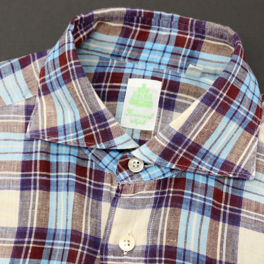 【中古】フィナモレ Finamore リネン チェック ホリゾンタルカラー カジュアルシャツ ベージュxブルー【サイズ38】【 状態ランクB 】【 メンズ 】