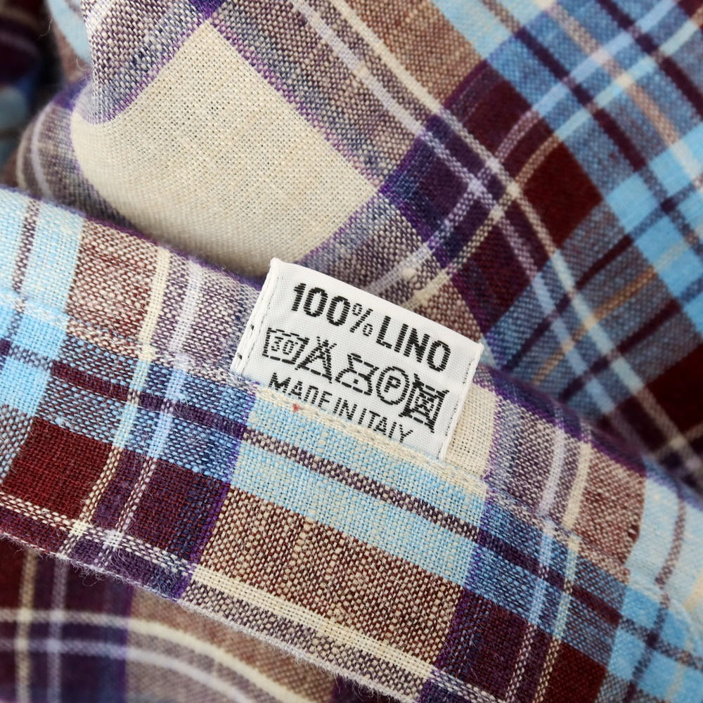 【中古】フィナモレ Finamore リネン チェック ホリゾンタルカラー カジュアルシャツ ベージュxブルー【サイズ38】【 状態ランクB 】【 メンズ 】