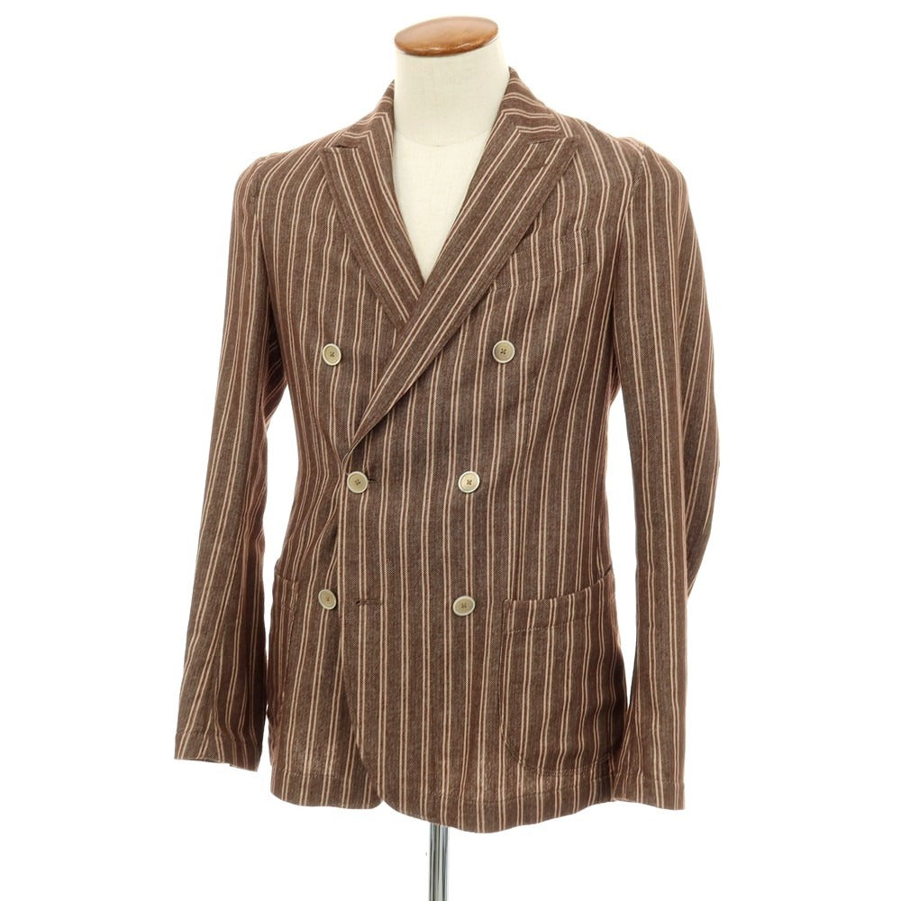 【中古】ラルディーニ LARDINI コットンポリエステル ヘリンボーン ストライプ ダブル6B カジュアルジャケット ブラウンxベージュ【サイズ46】【 状態ランクC 】【 メンズ 】
