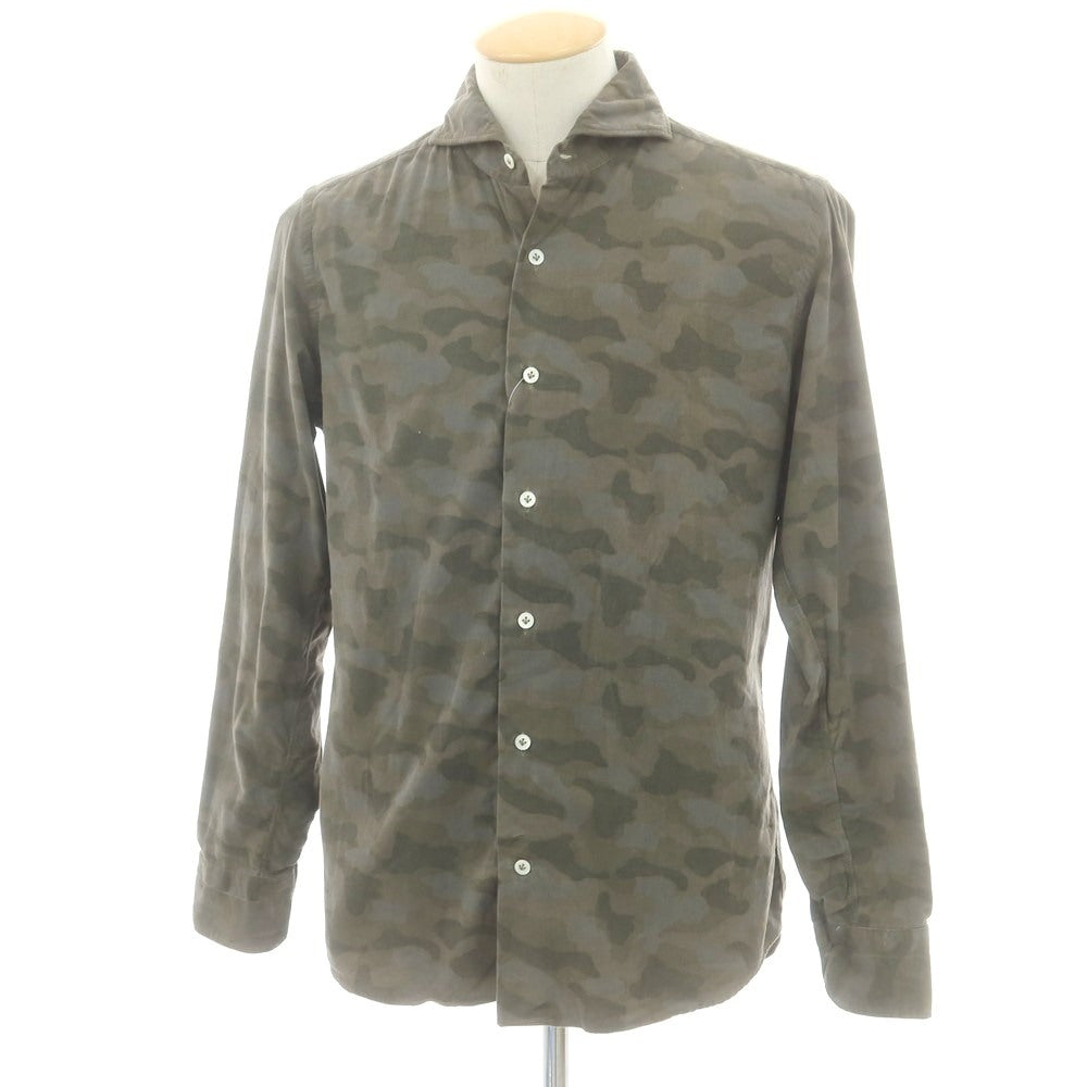 【中古】ジャンネット giannetto 細畝コーデュロイ カモフラ ホリゾンタルカラー カジュアルシャツ グリーン【 Ｓ 】【 状態ランクC 】【 メンズ 】