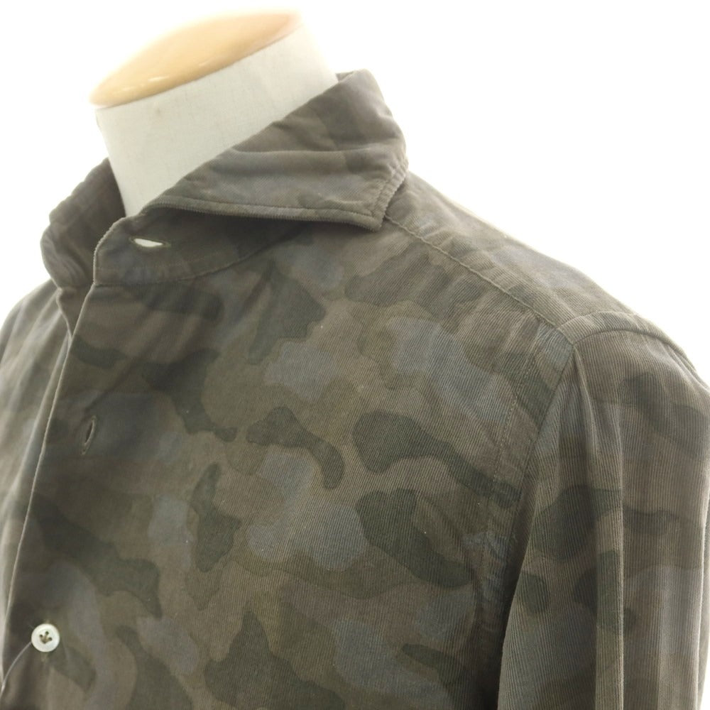 【中古】ジャンネット giannetto 細畝コーデュロイ カモフラ ホリゾンタルカラー カジュアルシャツ グリーン【 Ｓ 】【 状態ランクC 】【 メンズ 】