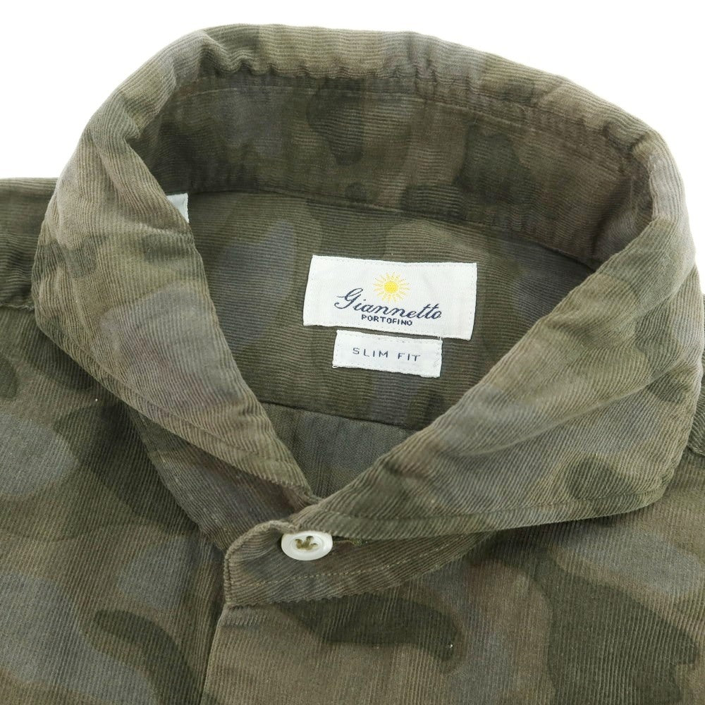 【中古】ジャンネット giannetto 細畝コーデュロイ カモフラ ホリゾンタルカラー カジュアルシャツ グリーン【 Ｓ 】【 状態ランクC 】【 メンズ 】