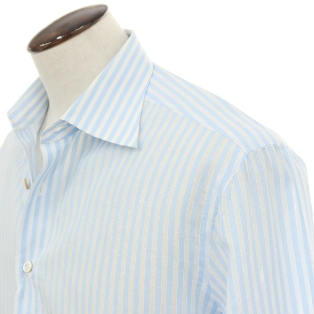 【中古】キートン Kiton コットンリネン ストライプ セミワイドカラー ドレスシャツ ライトブルーxホワイト【サイズ42】【 状態ランクB 】【 メンズ 】