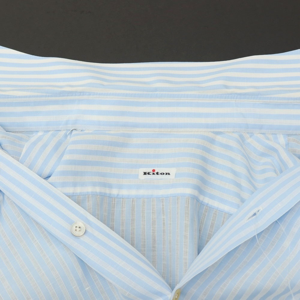 【中古】キートン Kiton コットンリネン ストライプ セミワイドカラー ドレスシャツ ライトブルーxホワイト【サイズ42】【 状態ランクB 】【 メンズ 】