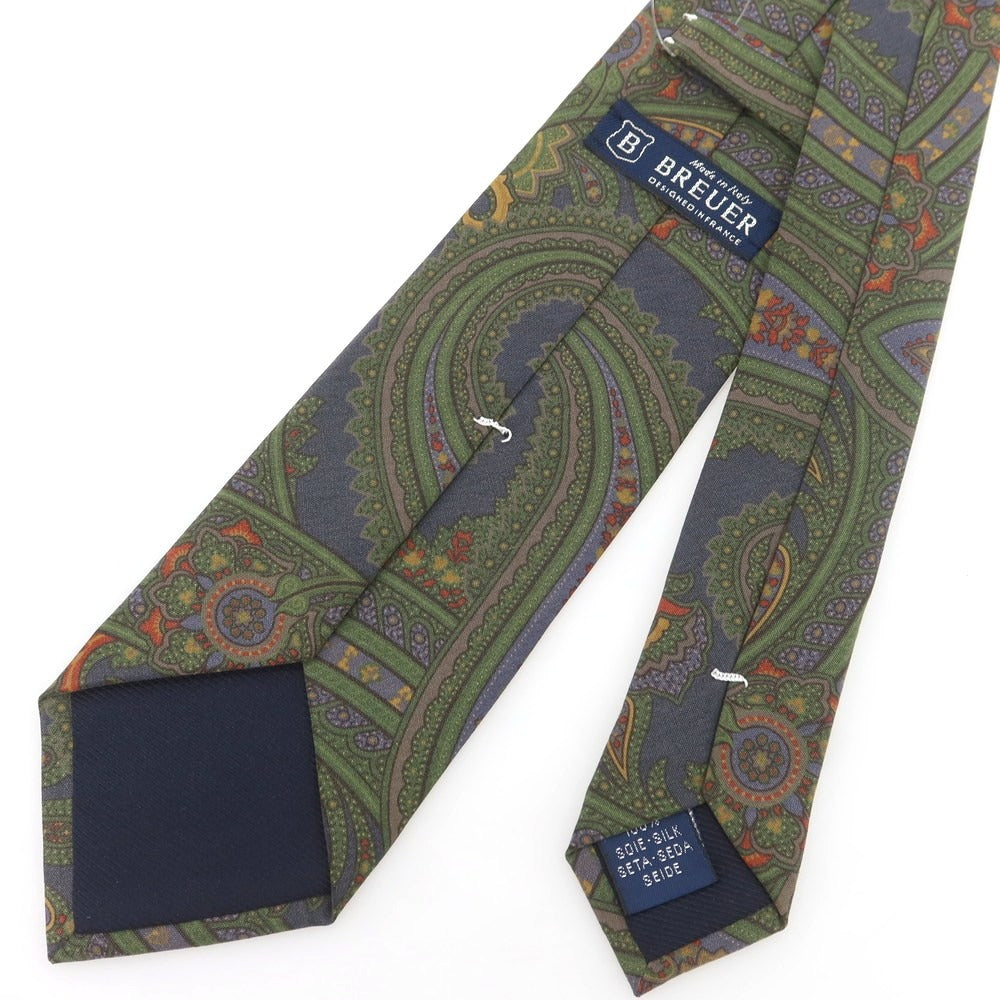 【中古】ブリューワー BREUER シルク プリント ペイズリー柄ネクタイ オリーブ系【 状態ランクA 】【 メンズ 】