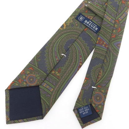 【中古】ブリューワー BREUER シルク プリント ペイズリー柄ネクタイ オリーブ系【 状態ランクA 】【 メンズ 】