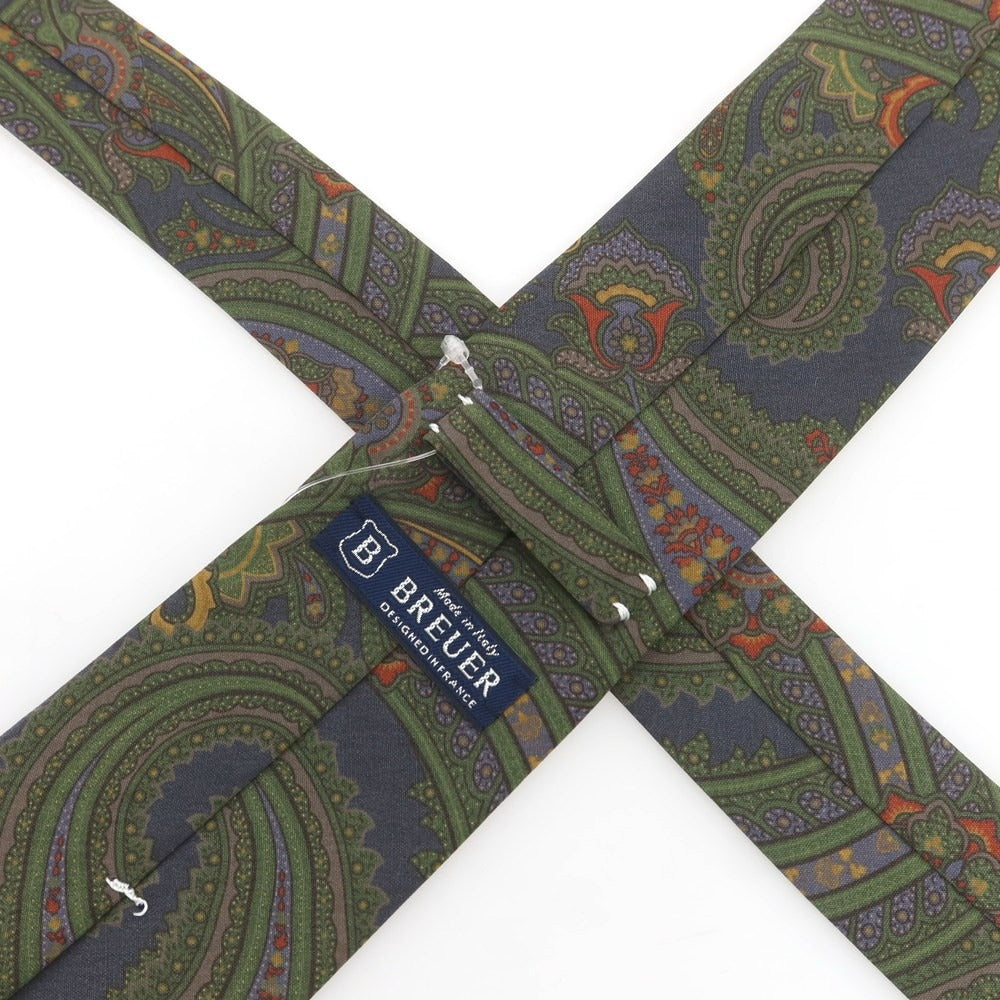 【中古】ブリューワー BREUER シルク プリント ペイズリー柄ネクタイ オリーブ系【 状態ランクA 】【 メンズ 】