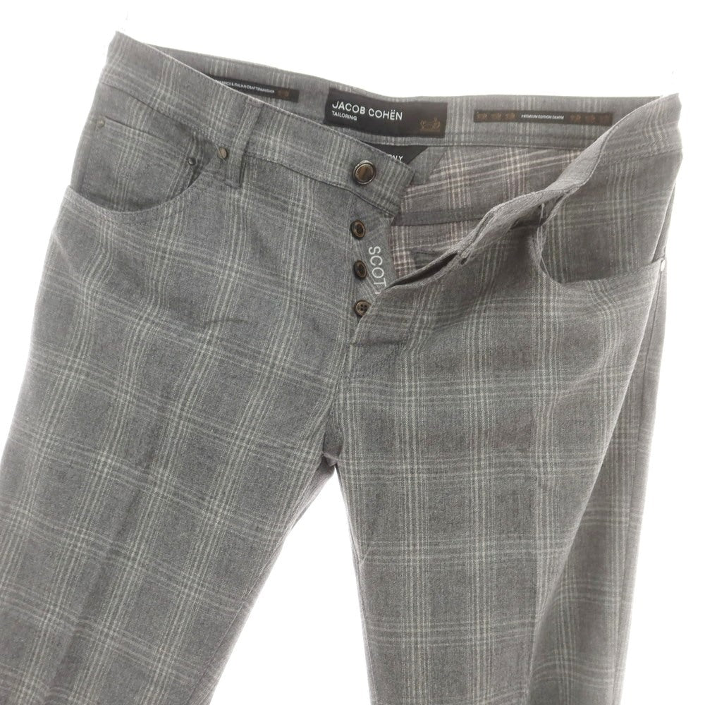 【新品】ヤコブコーエン JACOB COHEN SCOTT ストレッチウールカシミヤ チェック 5ポケットパンツ グレーxホワイト【 34 】【 状態ランクN 】【 メンズ 】