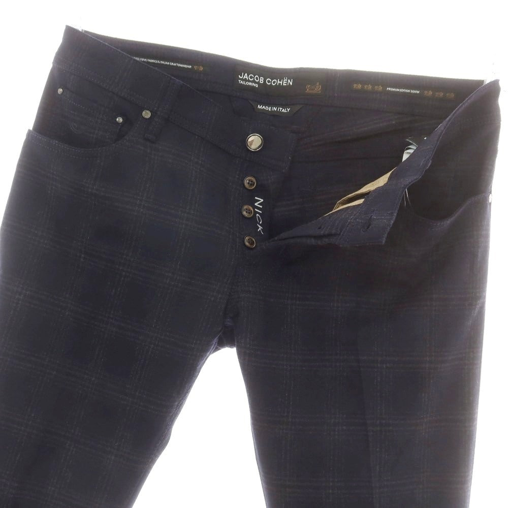 【新品】ヤコブコーエン JACOB COHEN NICK ストレッチウールカシミヤ チェック 5ポケットパンツ ダークネイビーxダークグレー【 34 】【 状態ランクN 】【 メンズ 】