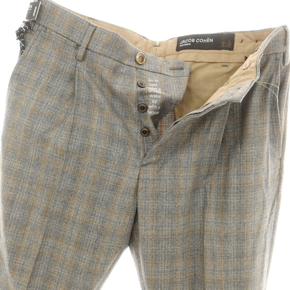 【新品】ヤコブコーエン JACOB COHEN HENRY ウール チェック ドレススラックスパンツ グレーxベージュ【サイズ34】【 状態ランクN 】【 メンズ 】[DPD]