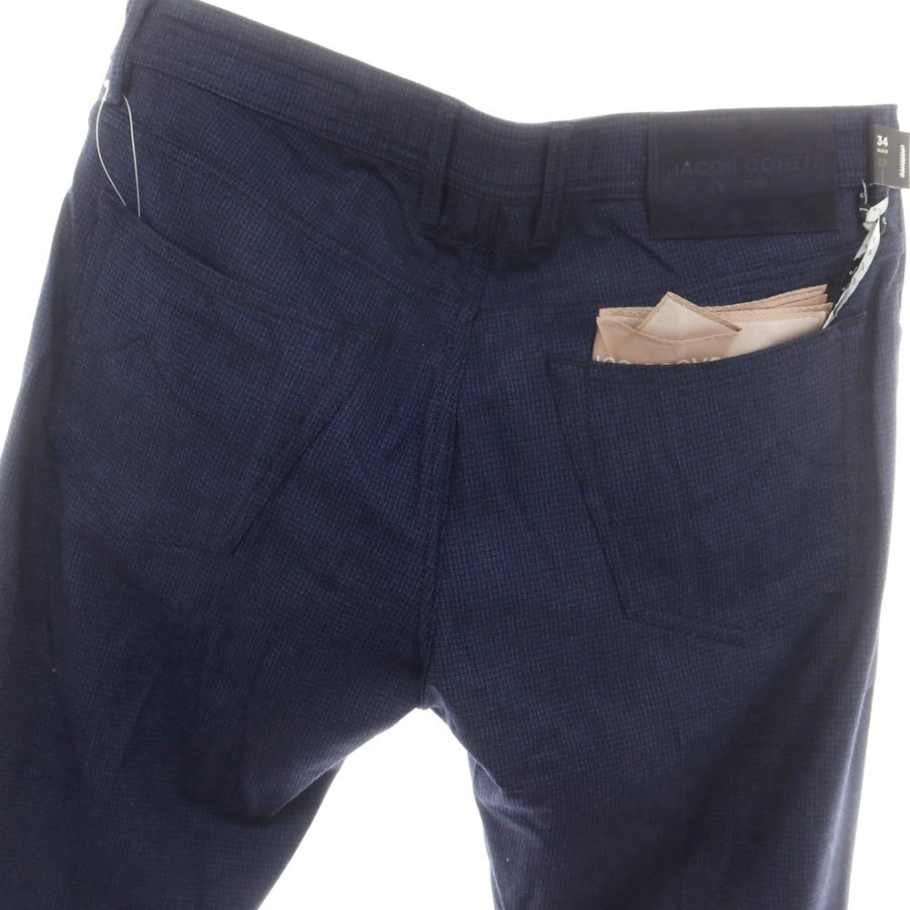 【新品】ヤコブコーエン JACOB COHEN BARD ストレッチウールカシミヤ チェック 5ポケットパンツ ネイビー【サイズ34】【 状態ランクN 】【 メンズ 】[DPD]