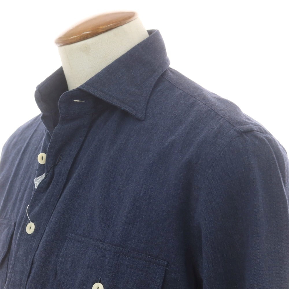 【新品】ドッピアアー DOPPIAA ヘリンボーンコットン ワークシャツ ネイビー【 39 】【 状態ランクN 】【 メンズ 】