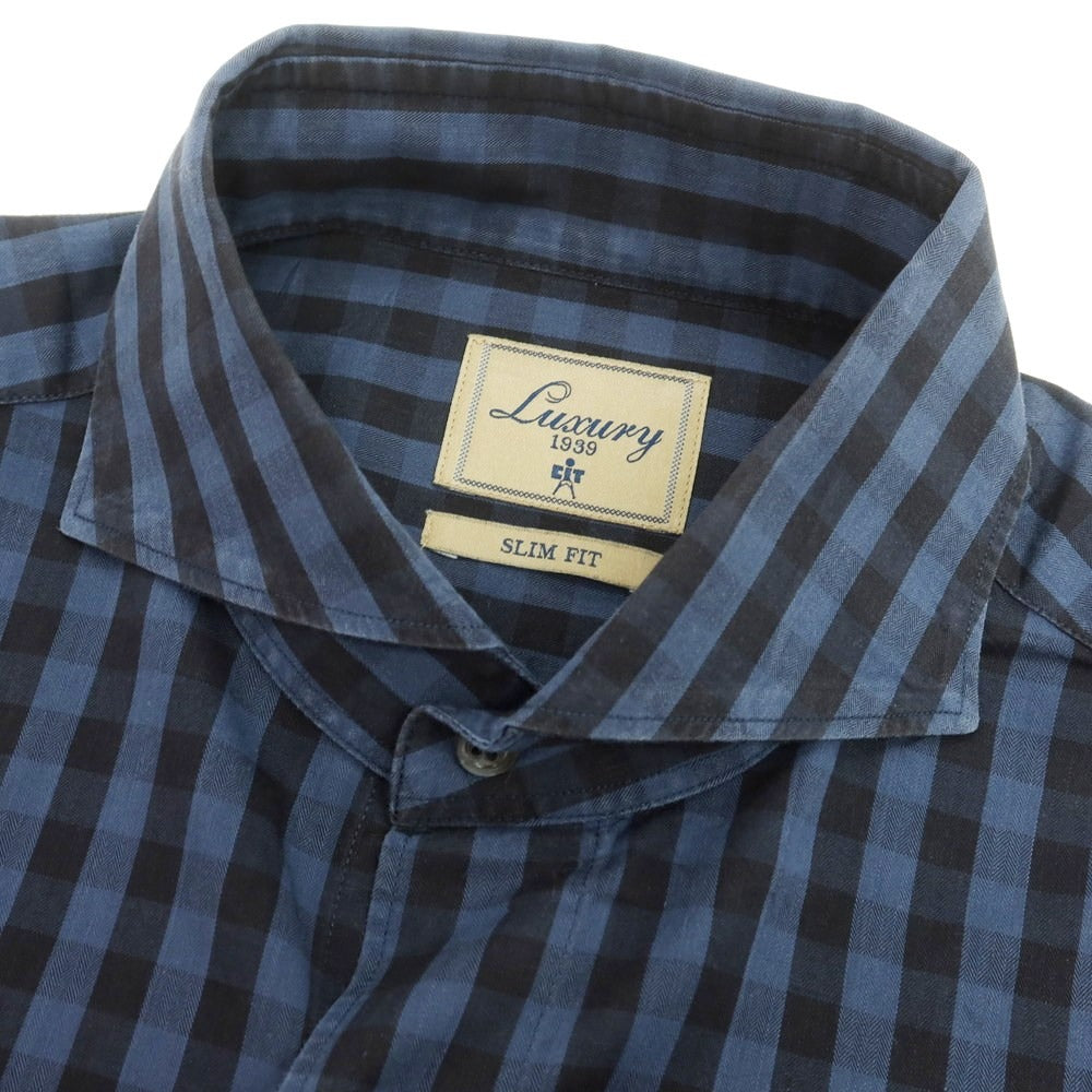 【中古】チット CIT LUXURY コットン チェック ホリゾンタルカラー カジュアルシャツ ネイビーxブラック【 39 】【 状態ランクC 】【 メンズ 】