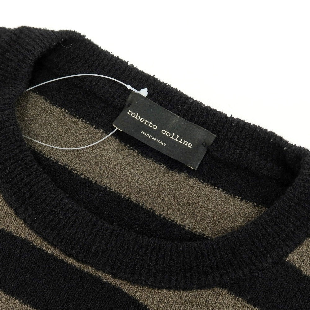 【中古】ロベルトコリーナ ROBERTO COLLINA コットンナイロン ボーダー クルーネック プルオーバーニット ウォームグレー系xブラック【サイズ48】【 状態ランクC 】【 メンズ 】